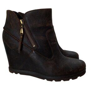 Ugg Myrna Wedge Brown Leather Ankle Boots Booties Size 10 Distressed Moto Zipper